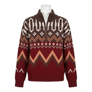 NEW &MERCI geometric knit mock neck half zip pullover sweater in burgundy multi